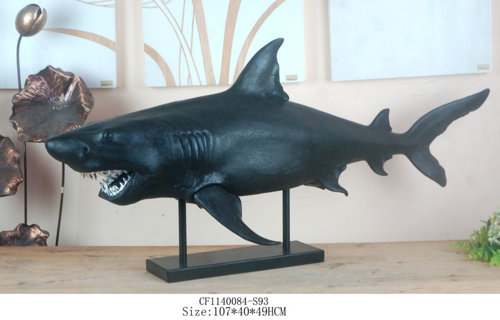 A funky Real Size Shark on Stand with Silver Metallic Groovy Jaws, a true statement of uniqueness & bold character taming the scariest ocean predator, ideal for indoor and covered outdoor areas. 