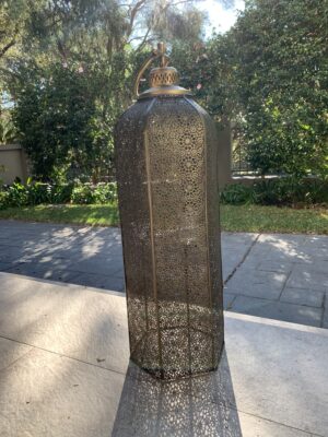 Tall Metal Lantern Candle Holder Moorish Spanish Design with 3 hanging glasses
